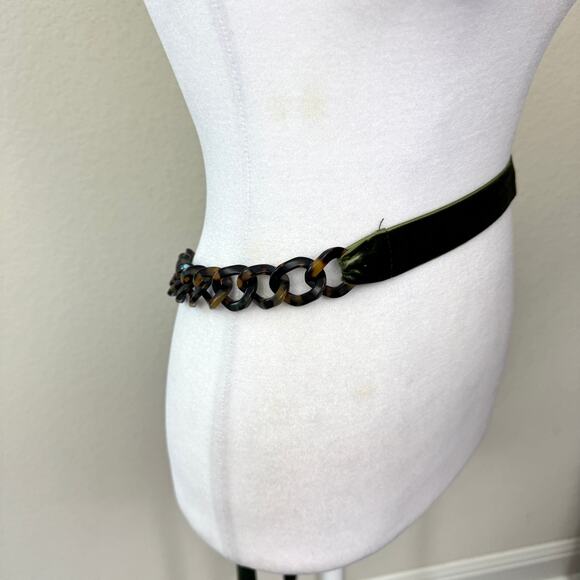 J. Crew Womens Belt Velvet Ribbon Tortoise Look Chain Link Tie Close Green Brown - Picture 4 of 9